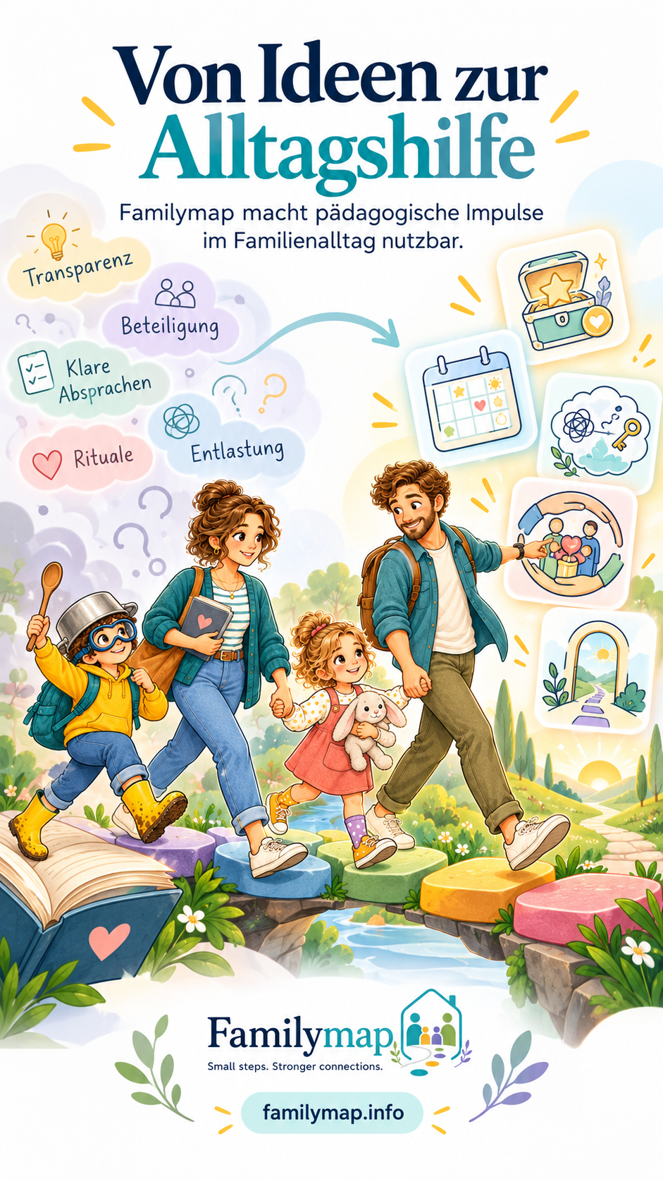 Familymap verbindet pädagogische Ideen wie Orientierung, Beteiligung und Rituale mit direkt nutzbaren Alltagshilfen für Familien.