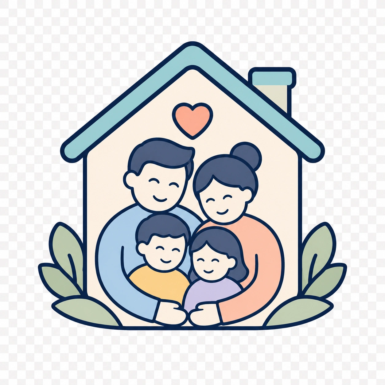 Illustration einer Familie unter einem Haus als Symbol für Familienalltag